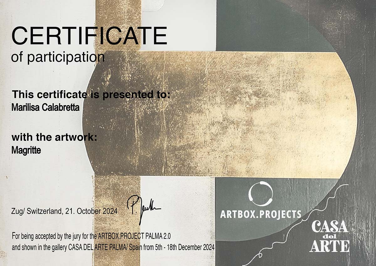 Attestato di partecipazione dell'artista contemporanea Marilisa Calabretta rilasciato da Artbox.Projects